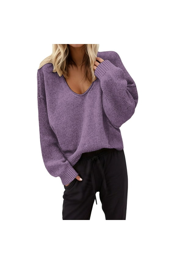 Women's Sweaters Fashion Solid Color Deep V-Neck Long Sleeve Casual Knitted Pullover Top for Layering Purple,S