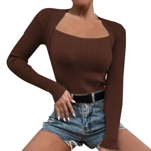 PMVFHDE Women's Tops Elegant Square Neck Solid Color Knitted Long Sleeve T-Shirt Slim Fit Layering Blouse Coffee,M
