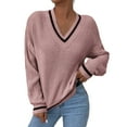 thumbnail image 1 of PMVFHDE Women's Tops Fashion French Striped V-Neck Casual Loose Fit Knitted Pullover Sweater for Fall Pink,XXL, 1 of 5