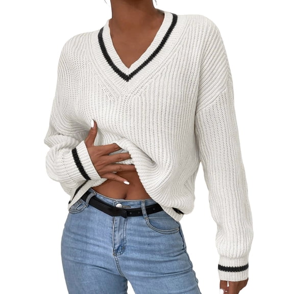 PMVFHDE Women's Tops Fashion French Striped V-Neck Casual Loose Fit Knitted Pullover Sweater for Fall White,XXL
