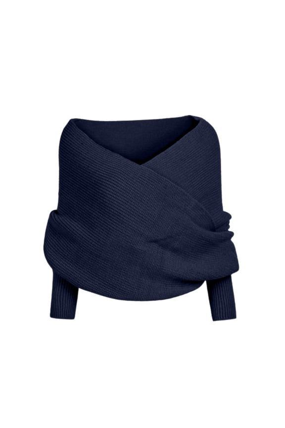 Women's Tops Fashion V-Cross Boat Neck Off-Shoulder Pullover Sweater Knit Scarf Wrap Top Fall Sweaters for Women 2025 Blue,One Size