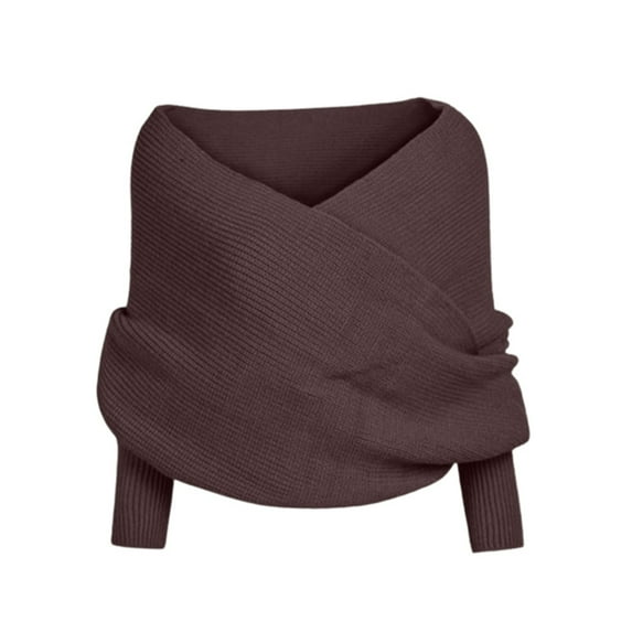 PMVFHDE Women's Tops Fashion V-Cross Boat Neck Off-Shoulder Pullover Sweater Knit Scarf Wrap Top Fall Sweaters for Women 2025 Coffee,One Size