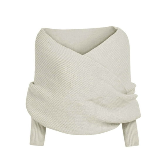 PMVFHDE Women's Tops Fashion V-Cross Boat Neck Off-Shoulder Pullover Sweater Knit Scarf Wrap Top Fall Sweaters for Women 2025 White,One Size