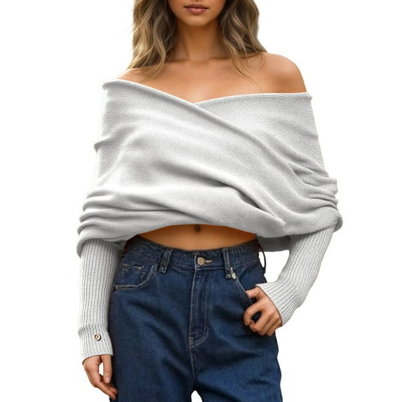 PMVFHDE Women's V-Neck Cross Front Solid Color Sweater Versatile Off Shoulder Way Scarf Top Grey,One Size