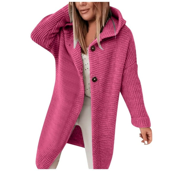 PMVFHDE Women's Winter Cardigan Solid Color Hooded Knit Sweater for Work, Loose Plus Size Hooded Cardigan Sweater Hot Pink,S