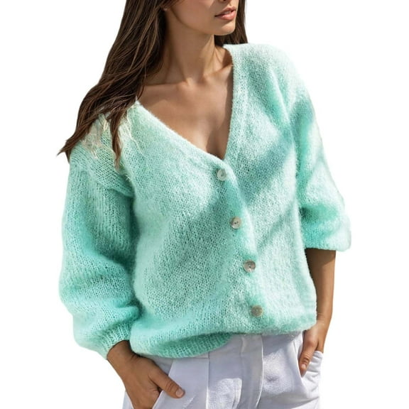 PMVFHDE Women's Winter Casual Daily V-Neck Solid Color Button Soft Warm Cardigan Knit Sweater Coat Mint Green,M