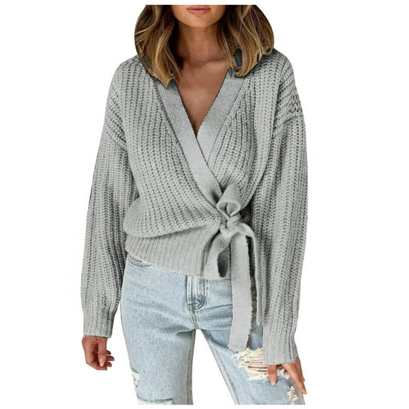 PMVFHDE Women's Winter Casual V-Neck Tie Waist Knit Sweater Cardigan Top, Comfortable for Home and Work Grey，S