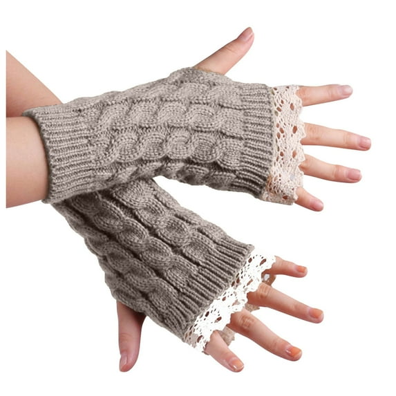 PMVFHDE Women's Winter Cute Lace Edge Knitted Fingerless Gloves, Fashion Thermal Half Finger Gloves for Cold Grey,One Size