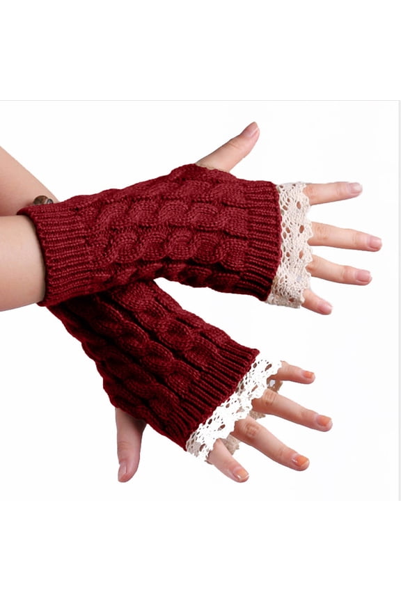 Elegant Knitted Fingerless Mittens for Women with Delicate Lace Pattern Design and Comfortable Casual Fit Red