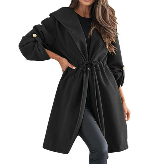 PMVFHDE Women's Winter Elegant Elevated Fashion Tie Waist Hooded Notched Lapel Women's Casual Long Sleeve Autumn Winter Coat Black,XL