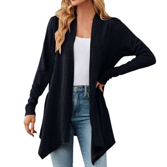 PMVFHDE Women's Winter Fashion Elegant Long Length Solid Color Soft Button Cardigan Fitted Comfortable Top Navy,M