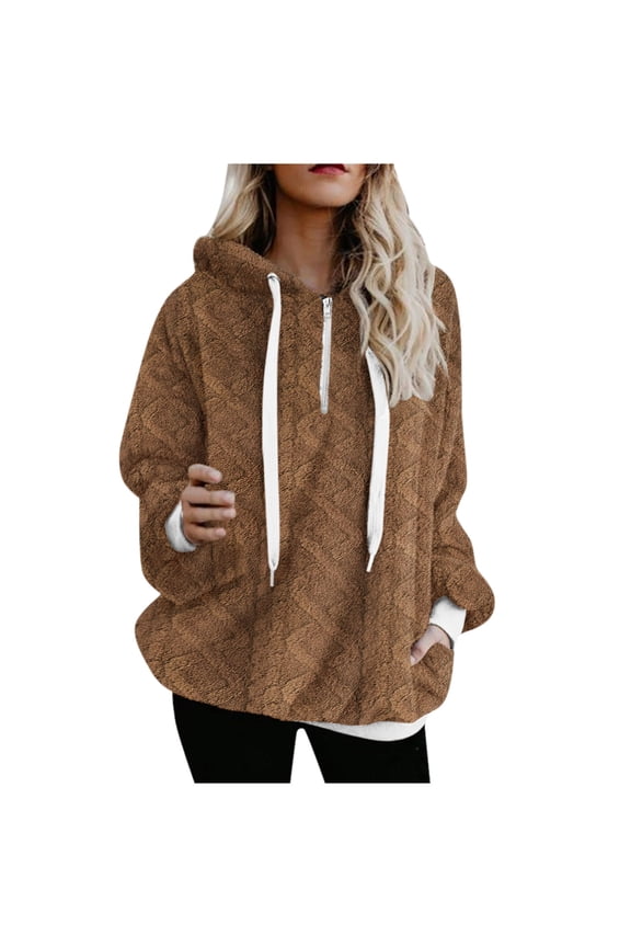 Women's Winter Hooded Zipper Pocket Long Sleeve Reversible Soft Fabric Solid Color Flannel Warm Sweater, Comfortable for Outdoor Coffee，XXL