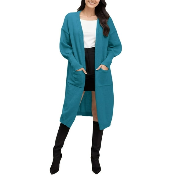 PMVFHDE Women's Winter Loose Relaxed Elegant Woven Sweater, Two Pocket Puffed Sleeve Pullover Cardigan Blue,One Size