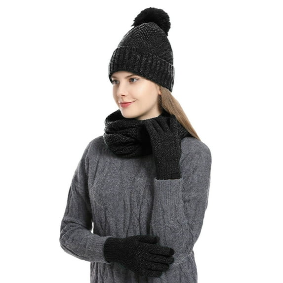 PMVFHDE Women's Winter Solid Color Fashionable Thickened Warm Knit Lined Ball Double Layer Hat Scarf Gloves Three-Piece Set Warm Comfort Set Black