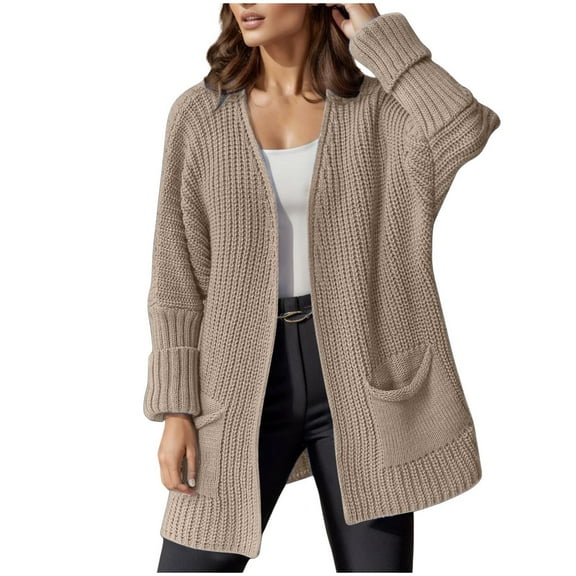 PMVFHDE Women's Work Commute Relaxed Fit Loose Mid-Length Plus Size Casual Knit Sweater Khaki,M