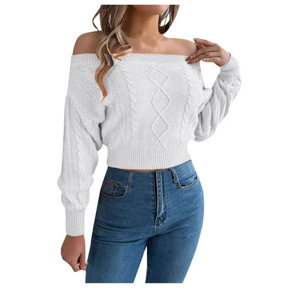PMVFHDE Womens Autumn Winter Casual Solid Color Off Shoulder Long Sleeve Pullover Sweater Soft Comfortable Loose Fit Top Womens Tops White,M