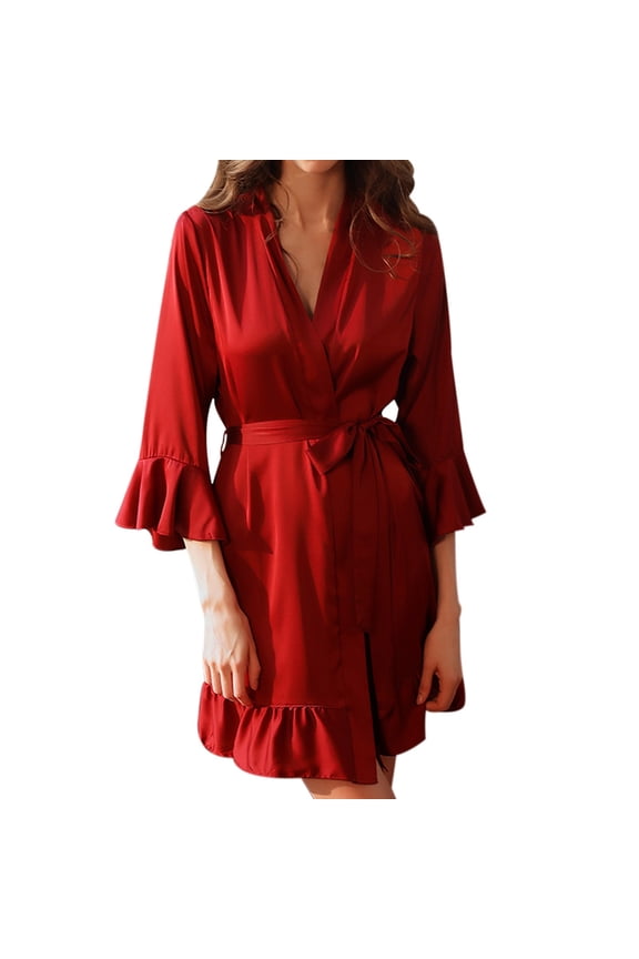 Womens Autumn Winter Solid Color Fashion Ruffled Sleeves Kimono Sleepwear Robe Womens Robes Red,M