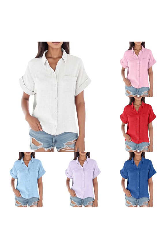 Womens Blouses Summer Fashion Daily Casual Solid Spread Collar Button Down Shirt