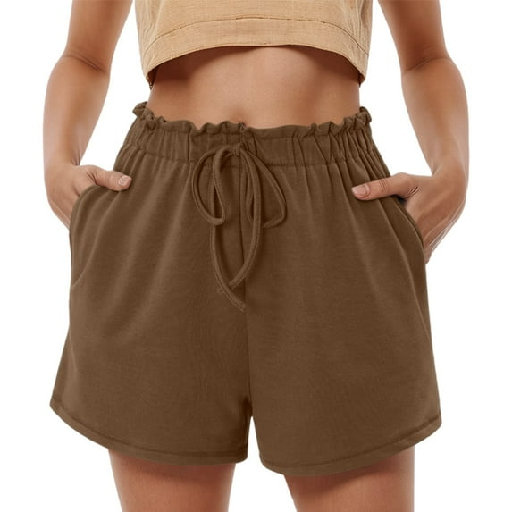 PMVFHDE Womens Casual High Waisted Loose Shorts With Drawstring Solid Color Comfortable For Summer Spring Everyday Wear Shorts For Women Brown,M