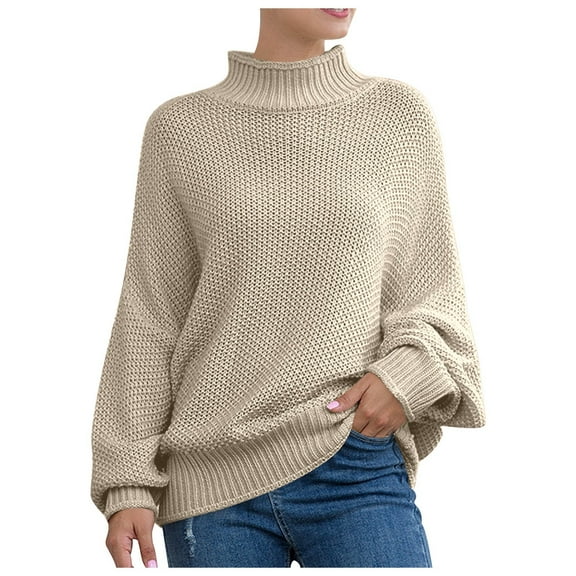 PMVFHDE Womens Knit Sweater Batwing Sleeve Roll Neck Europe Style Cozy Sweaters For Women For Winter Wear Khaki,S