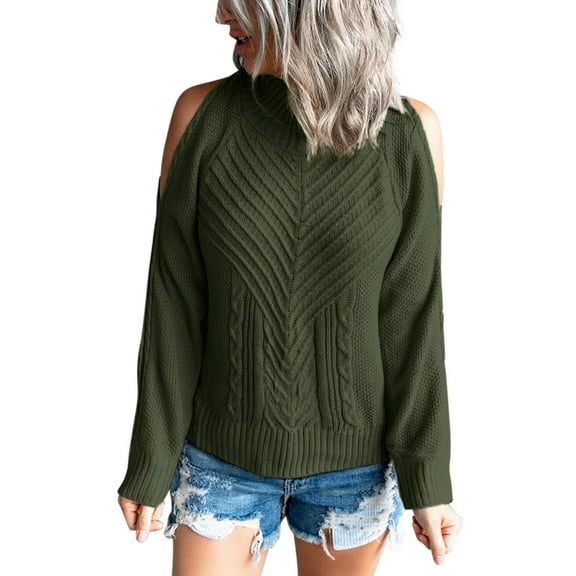 PMVFHDE Womens Crew Neck Cold Shoulder Sweaters Long Sleeve Knit Pullover Sweaters For Women Tops For Casual Fall Green,L