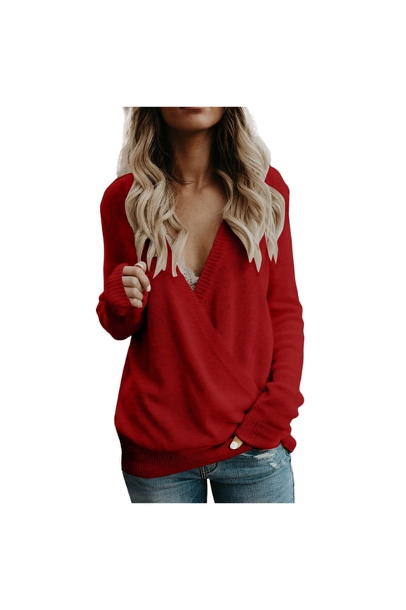 Womens Deep V Neck Wrap Sweaters Long Sleeve Front Loose Knitted Pullover Fall Clothes For Women Winter Tops Red,XXL