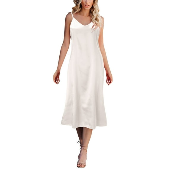 PMVFHDE Womens Fashion Solid Color Sleeveless Strap V Neck Dress Loose Home Nightdress Comfortable Sleepwear Nightgown For Women White,XXL
