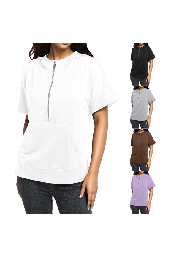 Womens Hoodies Solid Color Short Sleeve Drawstring Hoodie Casual Lightweight Pullover