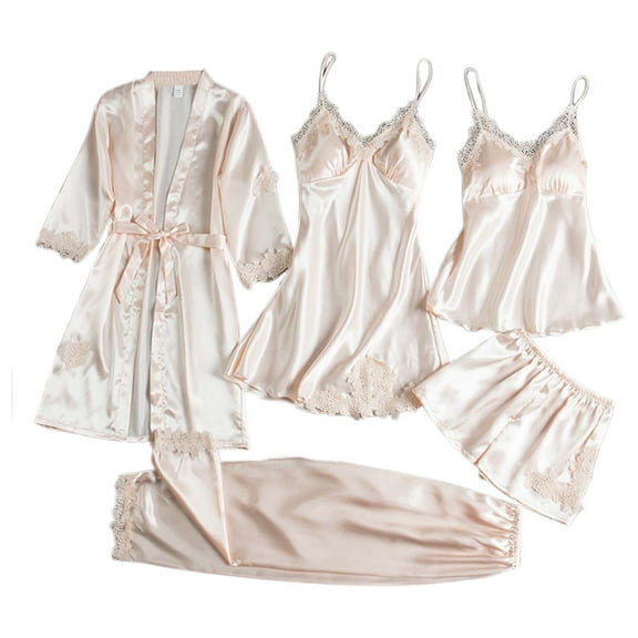 PMVFHDE Womens Ice Silk Comfortable Home Wear Five Piece Set Pajama Sleepwear Womens Pajamas Set Pink,M