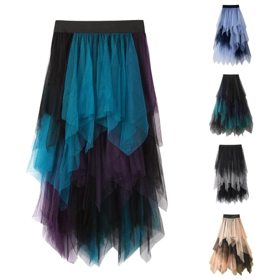 PMVFHDE Womens Maxi A-line Long Skirt Gradient Irregular Tulle Long Half Skirt Solid Casual Summer Daily Wear