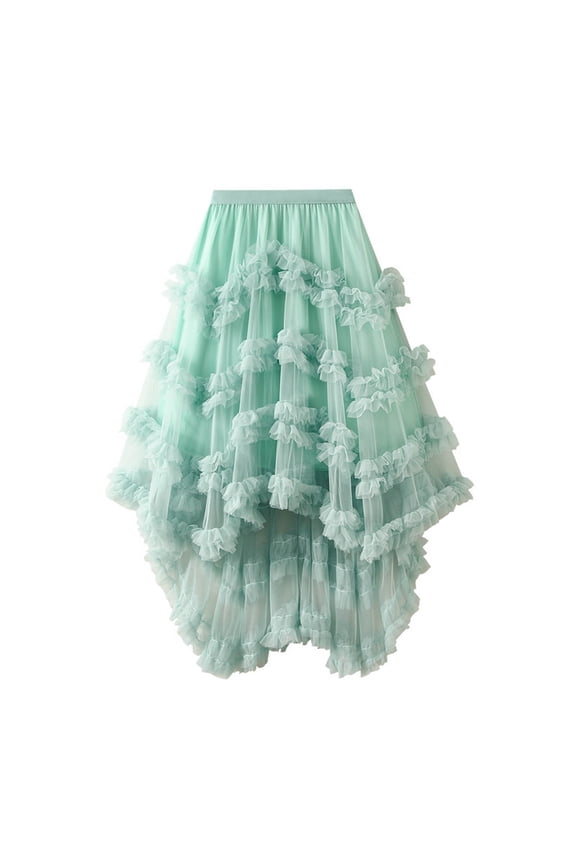 Womens Midi Skirt A Line Fairy Elastic Waist High Waist Mesh Solid Color Irregular Ruffled Cake Skirt