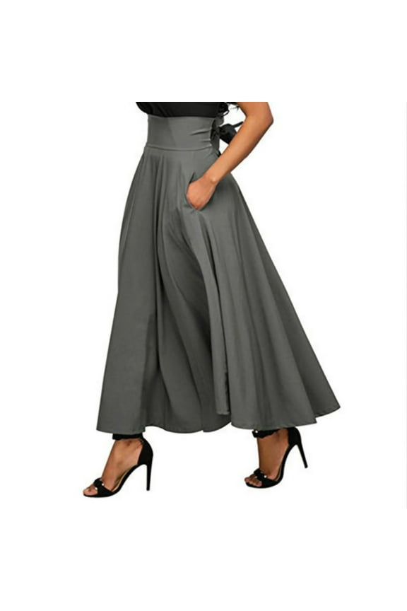 Womens Plaid Patchwork Pleated Skirts For Women High Waist A Line Ankle Length Casual Fall Skirt Grey