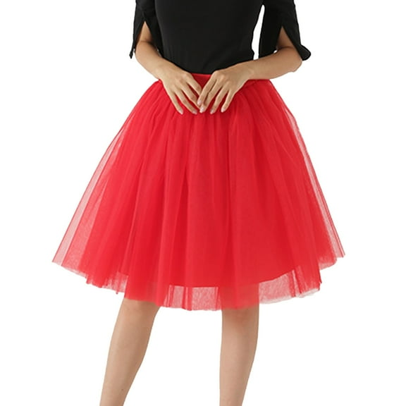 PMVFHDE Womens Skirts Knee Length Tutu Layered Tulle Midi Skirt For Prom Party Adults Red,L