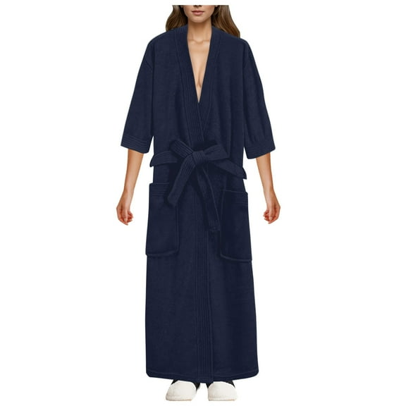 PMVFHDE Womens Solid Color Comfortable Versatile Short Sleeve Long Robe Bathrobe Quick Drying Home Wear Robe For Women Navy,M