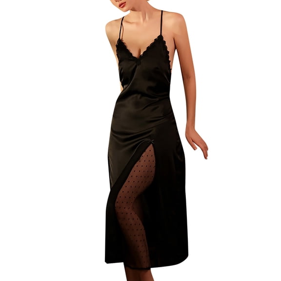 PMVFHDE Womens Solid Color Lace French Nightgown Ice Silk Long Backless Home Wear Womens Nightgowns Black，M