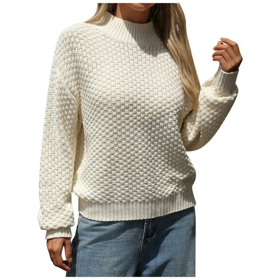 PMVFHDE Womens Solid Color Turtleneck Knitted Sweater Stylish Daily Wear Long Sleeve Pullover Loose Round Neck Plus Size Top Womens Sweater Beige,M