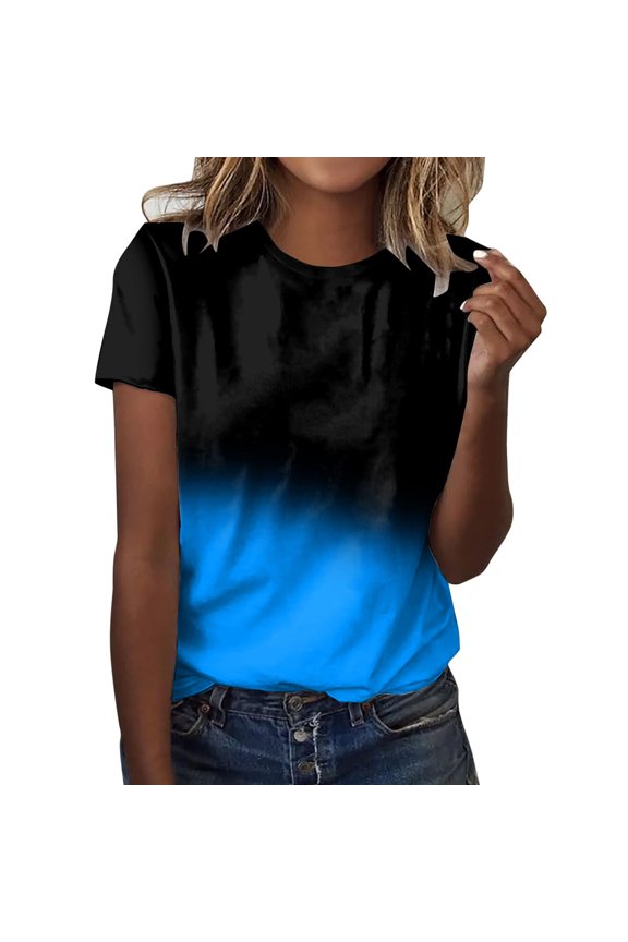 Womens Summer Tops Short Sleeve O-Neck Gradient Print Casual Loose T-Shirt