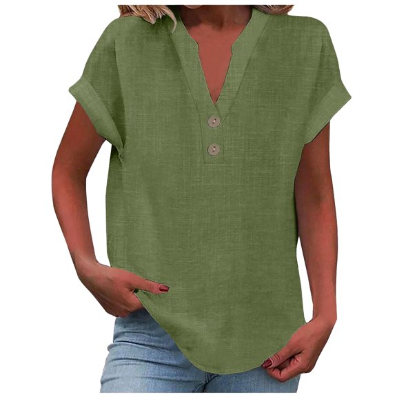 PMVFHDE Womens Summer Tops Summer Solid Mandarin Collar Button Down Short Sleeve Shirt