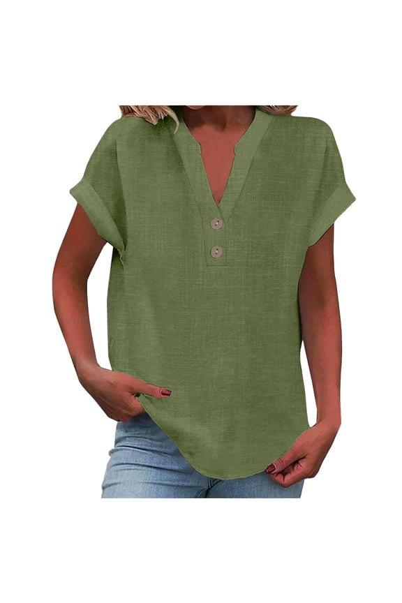 Womens Summer Tops Summer Solid Mandarin Collar Button Down Short Sleeve Shirt