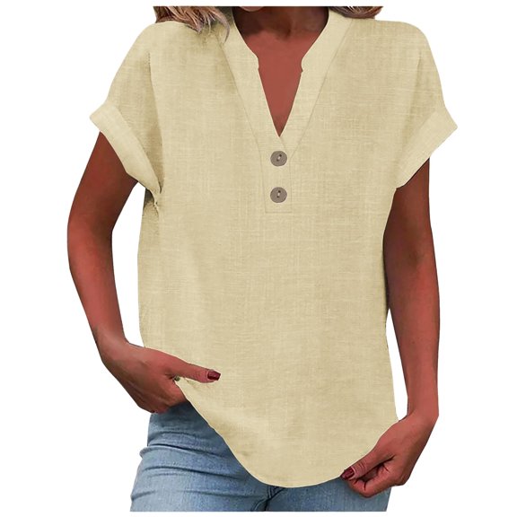 PMVFHDE Womens Summer Tops Summer Solid Mandarin Collar Button Down Short Sleeve Shirt
