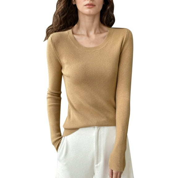 PMVFHDE Womens Sweaters Autumn Round Neck Pullover Solid Color Basic Fit Knit Base Layer Comfort Gold，S