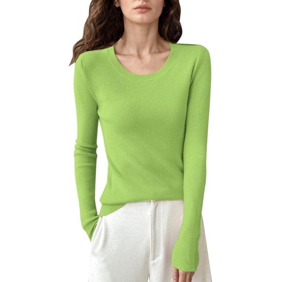 PMVFHDE Womens Sweaters Autumn Round Neck Pullover Solid Color Basic Fit Knit Base Layer Comfort Green，S