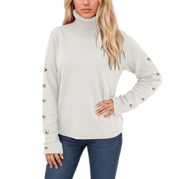 PMVFHDE Womens Sweaters High Neck Button Down Knit Pullover Cozy Long Sleeve Tops for Everyday Casual Winter Wear White，XXL