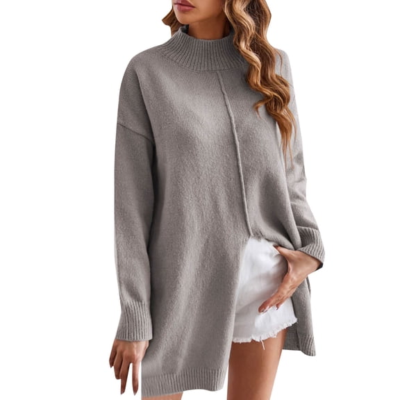 PMVFHDE Womens Sweaters Solid Color Semi-High Neck Pullover Knit Mid-Long Slit Contemporary Tops Grey，S