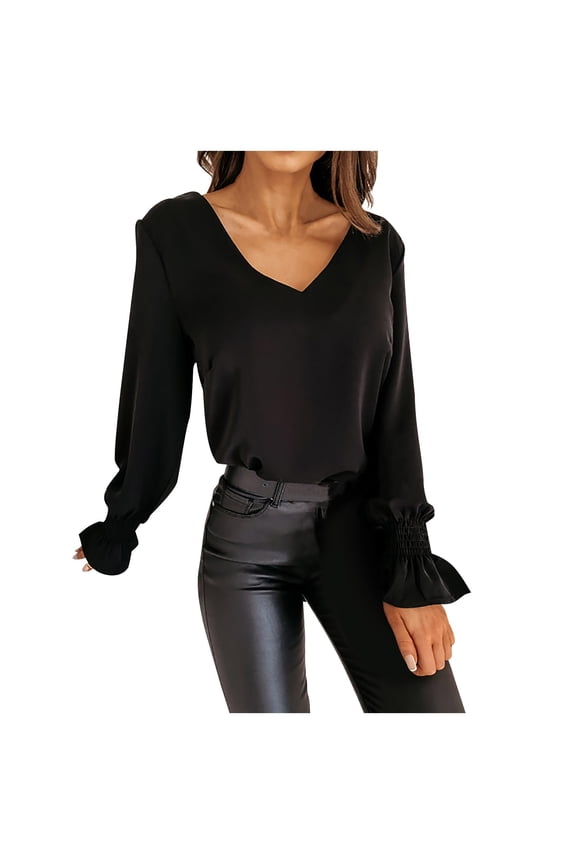 Womens Sweatshirt Fashion V Neck Long Sleeve Back Lace Up Splicing Flared Sleeve Sweater Blouse Black,S