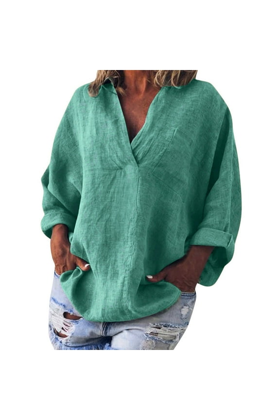 Womens Tops Casual Bohemian Style Loose Fit V Neck Long Sleeve Linen Blend Kaftan Blouse Top Green,XXXL