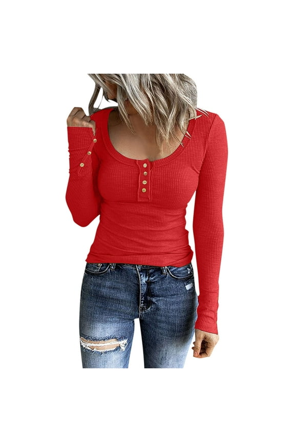 Womens Tops Long Sleeve Button Front Shirt Ribbed Knit U-Neck Button Down Slim Fit Tee