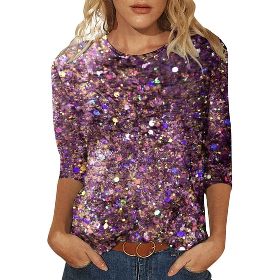 PMVFHDE Womens Tops Quarter Sleeve Crewneck Loose Fit Sequin Casual Print T-Shirt