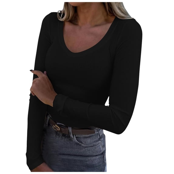 PMVFHDE Womens Tops Square Neck Long Sleeve Slim Fit Basic Shirt Ribbed Thermal Undershirt Tee Casual