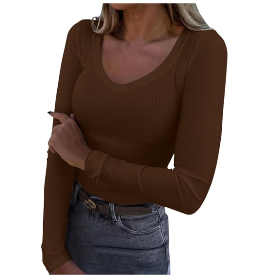 PMVFHDE Womens Tops Square Neck Long Sleeve Slim Fit Basic Shirt Ribbed Thermal Undershirt Tee Casual